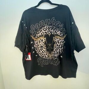 Black Vibe'N Country girl Longhorn Ranch tee with fringe 2X NWT